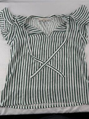 LOFT Green White Striped Flutter Sleeve Top Blouse Size S V-Neck Tie Front